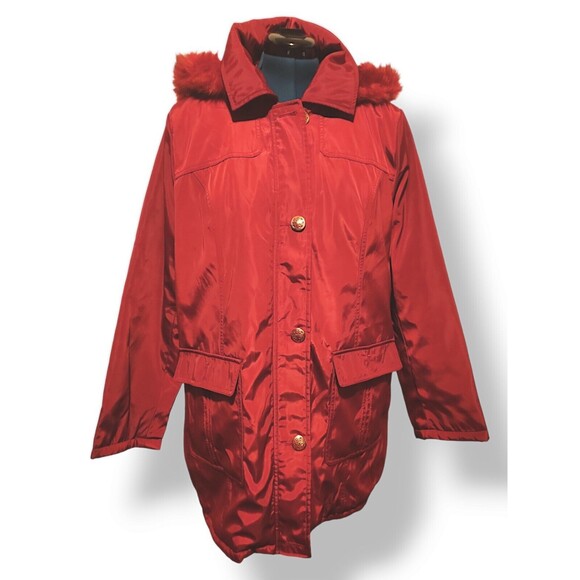 Dennis Basso Red Faux Fur Hood Button Down Zip Up Coat Jacket Women's Size XL - Picture 1 of 8
